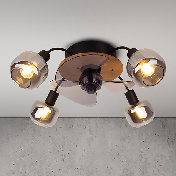 Deckenleuchte Fumoso - Eisen / Rauchglas - Schwarz / Braun - 4-flammig - inkl. Ventilator