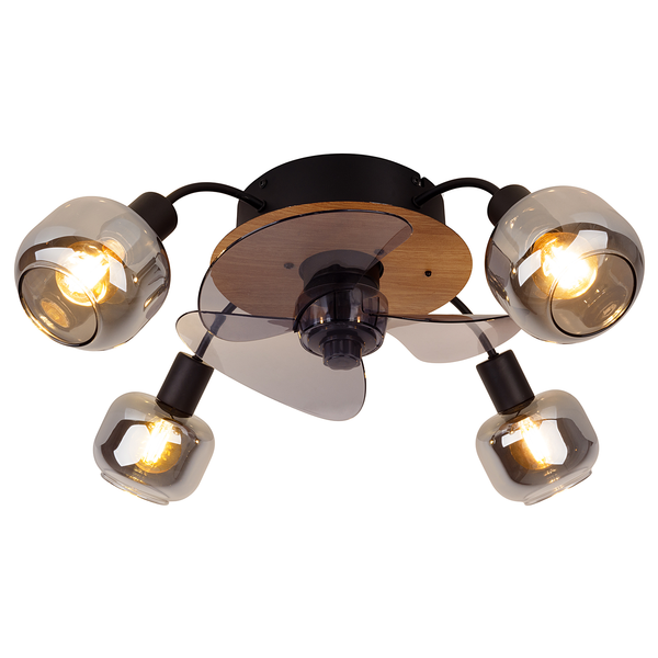 Deckenleuchte Fumoso - Eisen / Rauchglas - Schwarz / Braun - 4-flammig - inkl. Ventilator