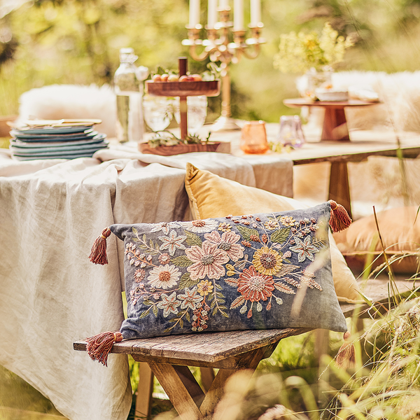 Kissen BOHEMIAN Blumen - Baumwolle / Polyester - Blau