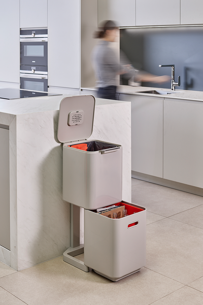 Mülleimer Totem - Kunststoff / Edelstahl - Steingrau - Fassungsvermögen: 40 L