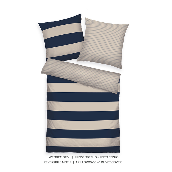 Renforce-Bettwäsche Tom Tailor - Baumwolle - Creme / Marineblau - 155 x 220 cm + Kissen 80 x 80 cm