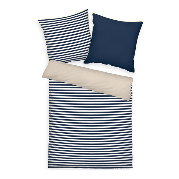 Perkal-Bettwäsche Tom Tailor - Baumwolle - Beige / Dunkelblau - 155 x 220 cm + Kissen 80 x 80 cm