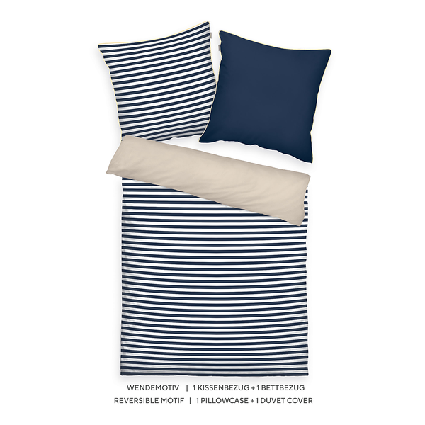 Perkal-Bettwäsche Tom Tailor - Baumwolle - Beige / Dunkelblau - 155 x 220 cm + Kissen 80 x 80 cm