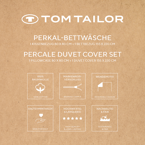 Perkal-Bettwäsche Tom Tailor - Baumwolle - Beige / Dunkelblau - 155 x 220 cm + Kissen 80 x 80 cm
