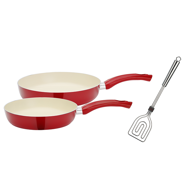 Pfannen-Set Ceramica - Aluminium - Rot / Beige - inkl. Pfannenwender - 3-teilig