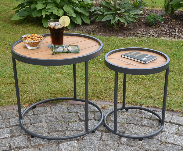 Beistelltisch Silea 2er-Set - Aluminium / Teakholz Massiv - Braun / Schwarz