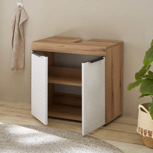 Waschbeckenunterschrank Nison - Weiß / Eiche Dekor - Breite: 60 cm