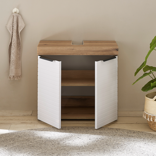 Waschbeckenunterschrank Nison - Weiß / Eiche Dekor - Breite: 60 cm