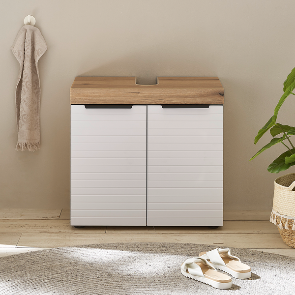 Waschbeckenunterschrank Nison - Weiß / Eiche Dekor - Breite: 60 cm