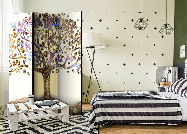 Paravent Golden Tree 1-seitig - Vlies auf Massivholz - Weiß / Gold - 135 x 172 cm