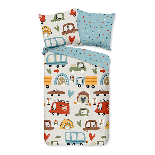 Kinderbettwäsche Autos - Baumwolle - Blau - 135 x 200 cm + Kissen 80 x 80 cm