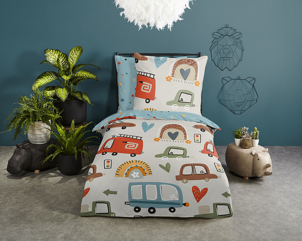 Kinderbettwäsche Autos - Baumwolle - Blau - 135 x 200 cm + Kissen 80 x 80 cm