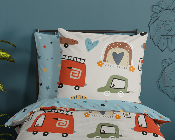 Kinderbettwäsche Autos - Baumwolle - Blau - 135 x 200 cm + Kissen 80 x 80 cm