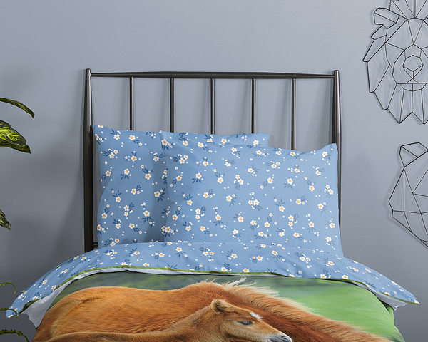 Kinderbettwäsche Pferde - Baumwolle - Blau - 140 x 200 cm + Kissen 90 x 70 cm