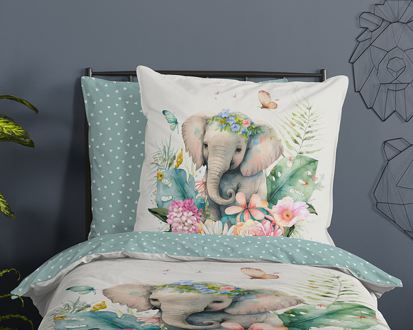 Kinderbettwäsche Elefant - Baumwolle - Grün - 135 x 200 cm + Kissen 80 x 80 cm