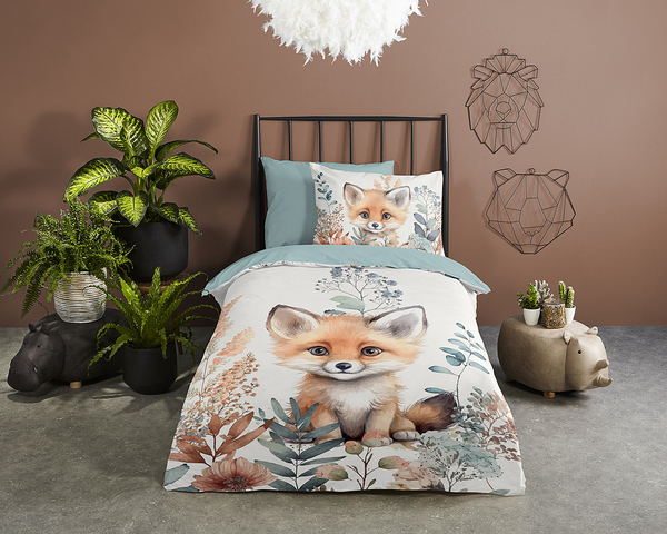 Kinderbettwäsche Fuchs - Baumwolle - Grün - 140 x 200/220 cm + Kissen 70 x 60 cm