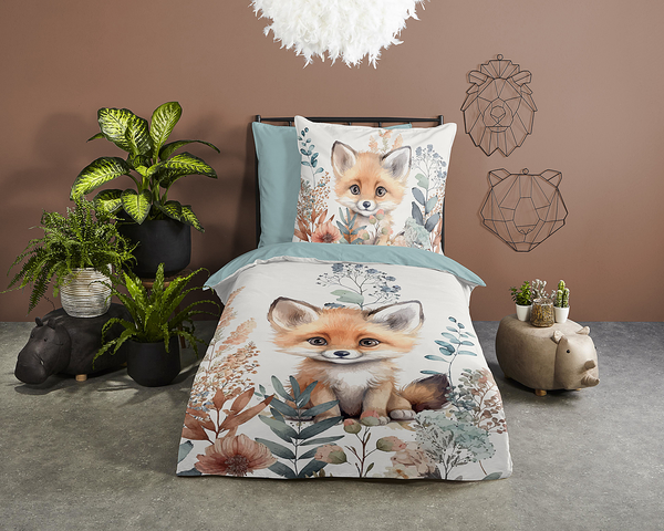 Kinderbettwäsche Fuchs - Baumwolle - Grün - 135 x 200 cm + Kissen 80 x 80 cm