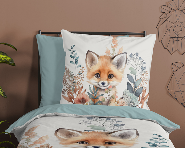 Kinderbettwäsche Fuchs - Baumwolle - Grün - 135 x 200 cm + Kissen 80 x 80 cm
