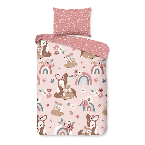 Kinderbettwäsche Rehkitz - Baumwolle - Pink - 100 x 135 cm + Kissen 40 x 60 cm