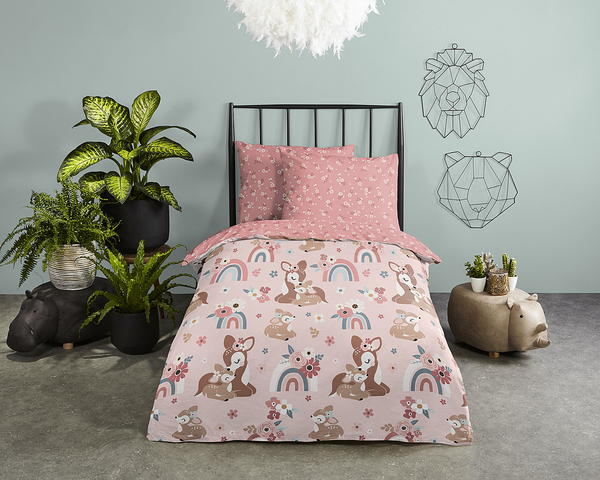 Kinderbettwäsche Rehkitz - Baumwolle - Pink - 100 x 135 cm + Kissen 40 x 60 cm