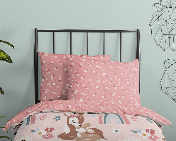 Kinderbettwäsche Rehkitz - Baumwolle - Pink - 100 x 135 cm + Kissen 40 x 60 cm