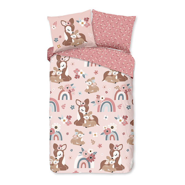 Kinderbettwäsche Rehkitz - Baumwolle - Pink - 140 x 200/220 cm + Kissen 70 x 60 cm