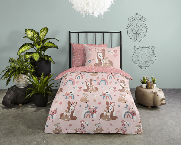 Kinderbettwäsche Rehkitz - Baumwolle - Pink - 140 x 200/220 cm + Kissen 70 x 60 cm