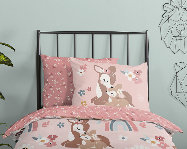 Kinderbettwäsche Rehkitz - Baumwolle - Pink - 140 x 200/220 cm + Kissen 70 x 60 cm