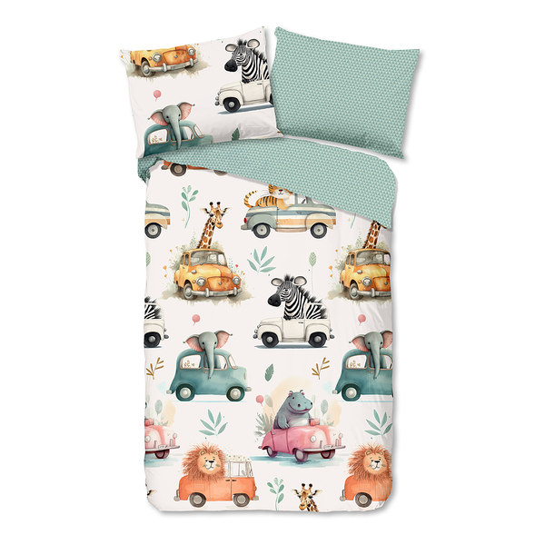 Kinderbettwäsche Tiersafari - Baumwolle - Grün - 140 x 200 cm + Kissen 90 x 70 cm