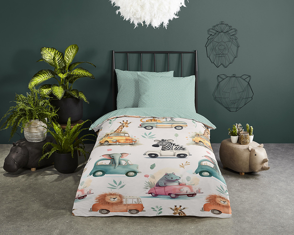 Kinderbettwäsche Tiersafari - Baumwolle - Grün - 140 x 200 cm + Kissen 90 x 70 cm