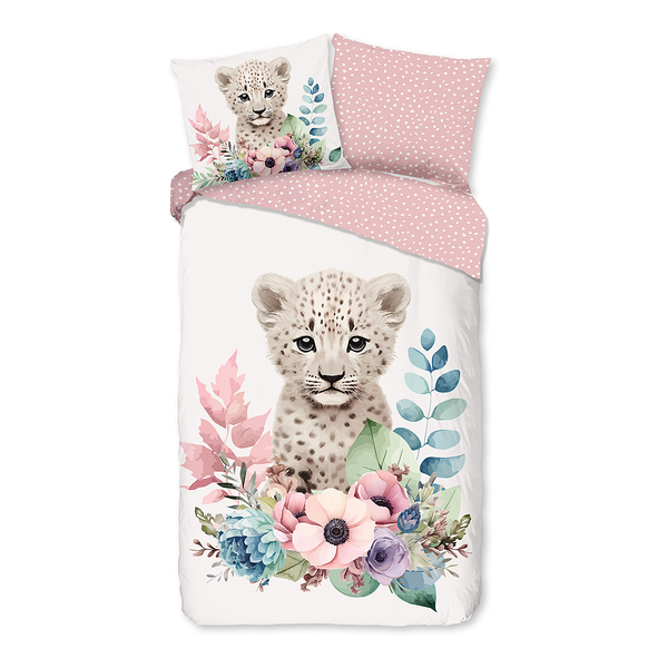 Kinderbettwäsche Leopard - Baumwolle - Pink - 140 x 200/220 cm + Kissen 70 x 60 cm