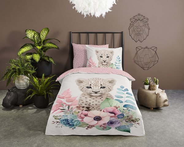 Kinderbettwäsche Leopard - Baumwolle - Pink - 140 x 200/220 cm + Kissen 70 x 60 cm