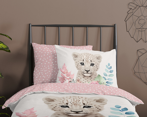 Kinderbettwäsche Leopard - Baumwolle - Pink - 140 x 200/220 cm + Kissen 70 x 60 cm