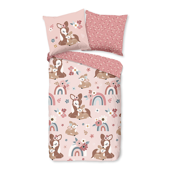Kinderbettwäsche Rehkitz - Baumwolle - Pink - 135 x 200 cm + Kissen 80 x 80 cm
