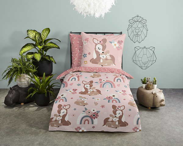 Kinderbettwäsche Rehkitz - Baumwolle - Pink - 135 x 200 cm + Kissen 80 x 80 cm