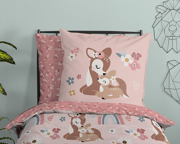 Kinderbettwäsche Rehkitz - Baumwolle - Pink - 135 x 200 cm + Kissen 80 x 80 cm