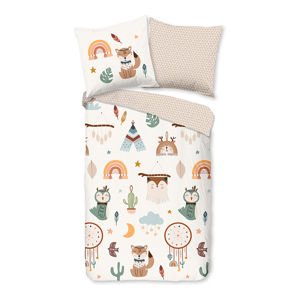 Kinderbettwäsche Eule und Fuchs - Baumwolle - Sand - 135 x 200 cm + Kissen 80 x 80 cm