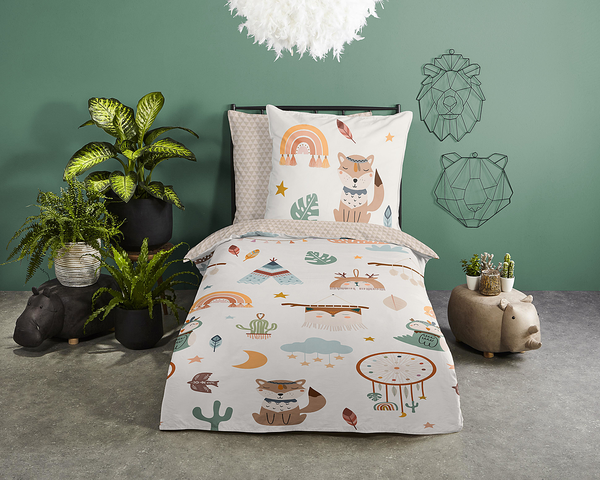 Kinderbettwäsche Eule und Fuchs - Baumwolle - Sand - 135 x 200 cm + Kissen 80 x 80 cm