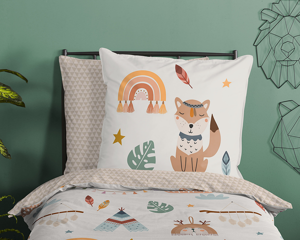 Kinderbettwäsche Eule und Fuchs - Baumwolle - Sand - 135 x 200 cm + Kissen 80 x 80 cm