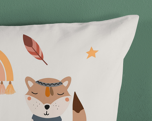 Kinderbettwäsche Eule und Fuchs - Baumwolle - Sand - 135 x 200 cm + Kissen 80 x 80 cm