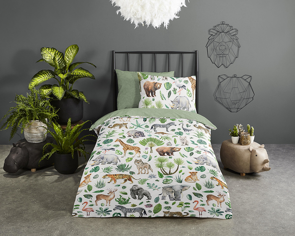 Kinderbettwäsche Dschungel - Baumwolle - Grün - 100 x 135 cm + Kissen 40 x 60 cm