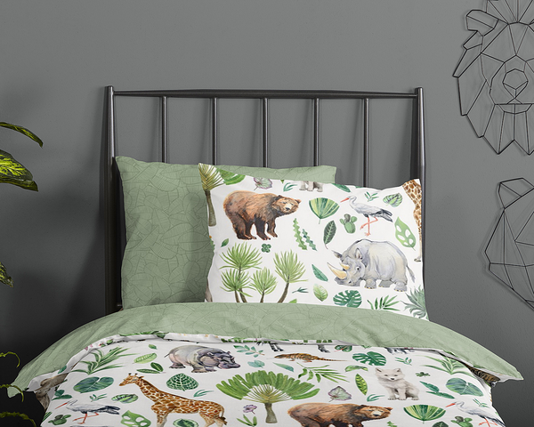Kinderbettwäsche Dschungel - Baumwolle - Grün - 100 x 135 cm + Kissen 40 x 60 cm