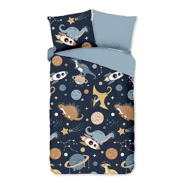 Kinderbettwäsche Spacedino - Microfaser - Blau - 140 x 200/220 cm + Kissen 70 x 60 cm