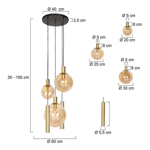 Pendelleuchte Bollique 5-flammig Rund - Aluminium / Rauchglas - Messing