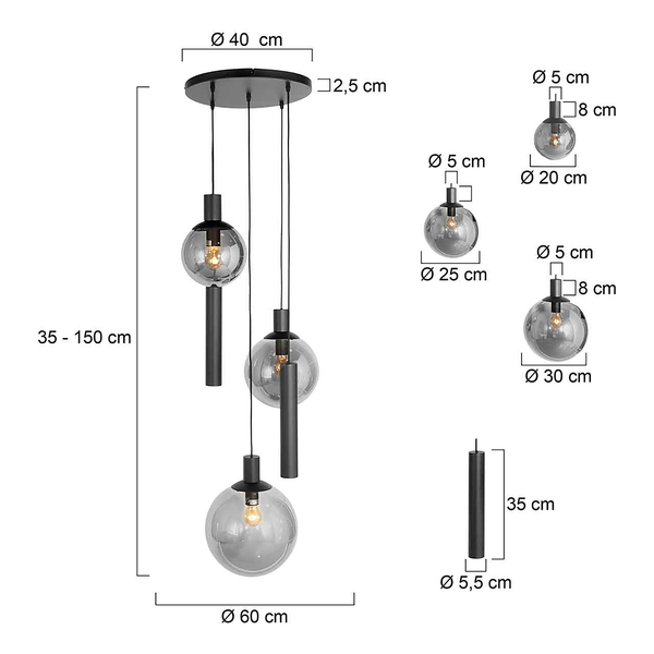 Pendelleuchte Bollique 5-flammig Rund - Aluminium / Rauchglas - Schwarz