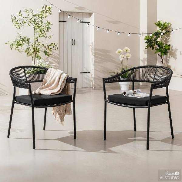 Stapelstuhl Coro 2er-Set - Stahl / Polyrattan - Schwarz