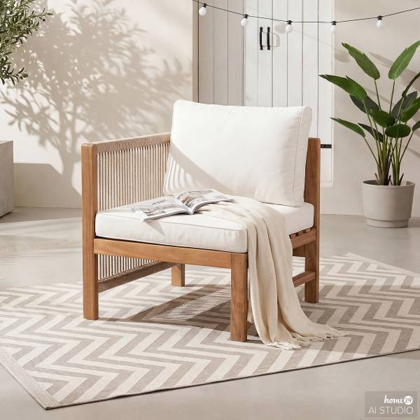 Loungesessel Bayton mit 1 Armlehne - Akazie massiv / Polyester - Braun / Beige - Armlehne davorstehend links