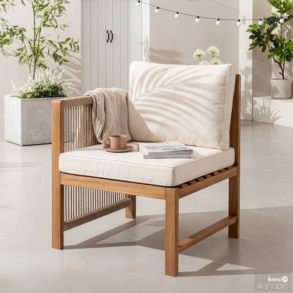 Diningstuhl Bayton mit 1 Armlehne - Akazie massiv / Polyester - Braun / Beige - Armlehne davorstehend links
