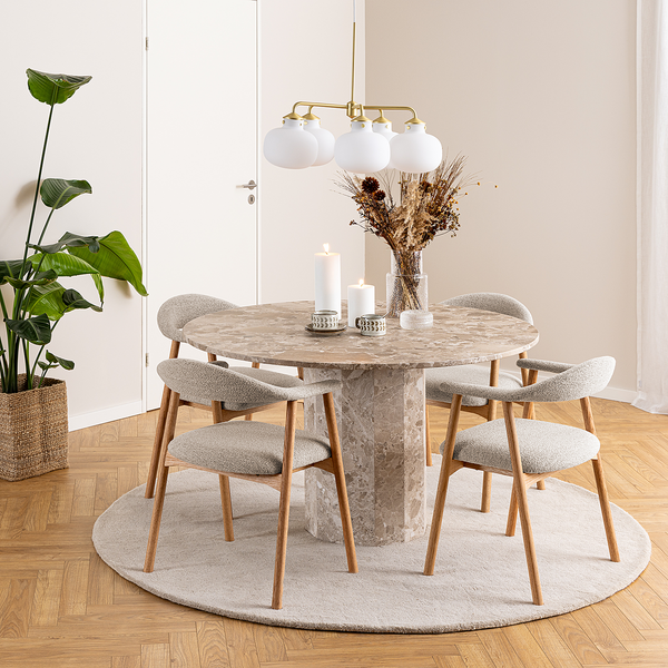 Armlehnenstuhl MESITA 2er Set - Bouclé Stoff Moena: Beige - Eiche Natur