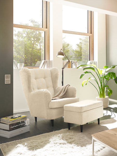Polsterhocker Marson - Cordstoff Zuri: Creme